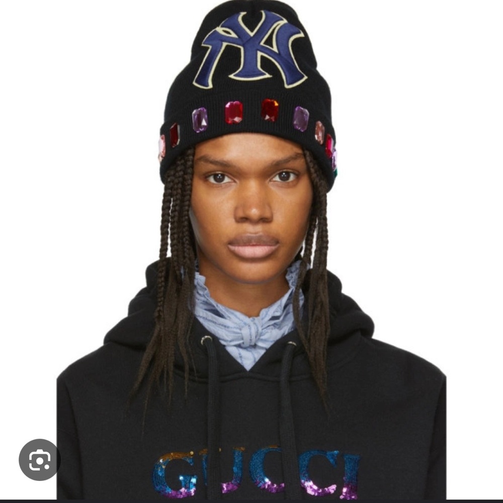 Gucci Black Beanie with Blue Logo and Multicolored Gemstones